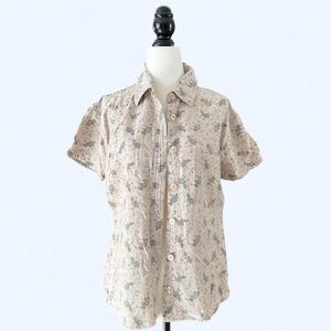 Vintage No-Excess Womens Floral Grey Linen Blend Short Sleeve Button Up Shirt L